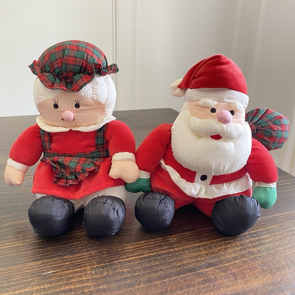 VTG Santa Claus & Mrs Claus Nylon Puffy Christmas Stuffed Plush Gibson Greetings